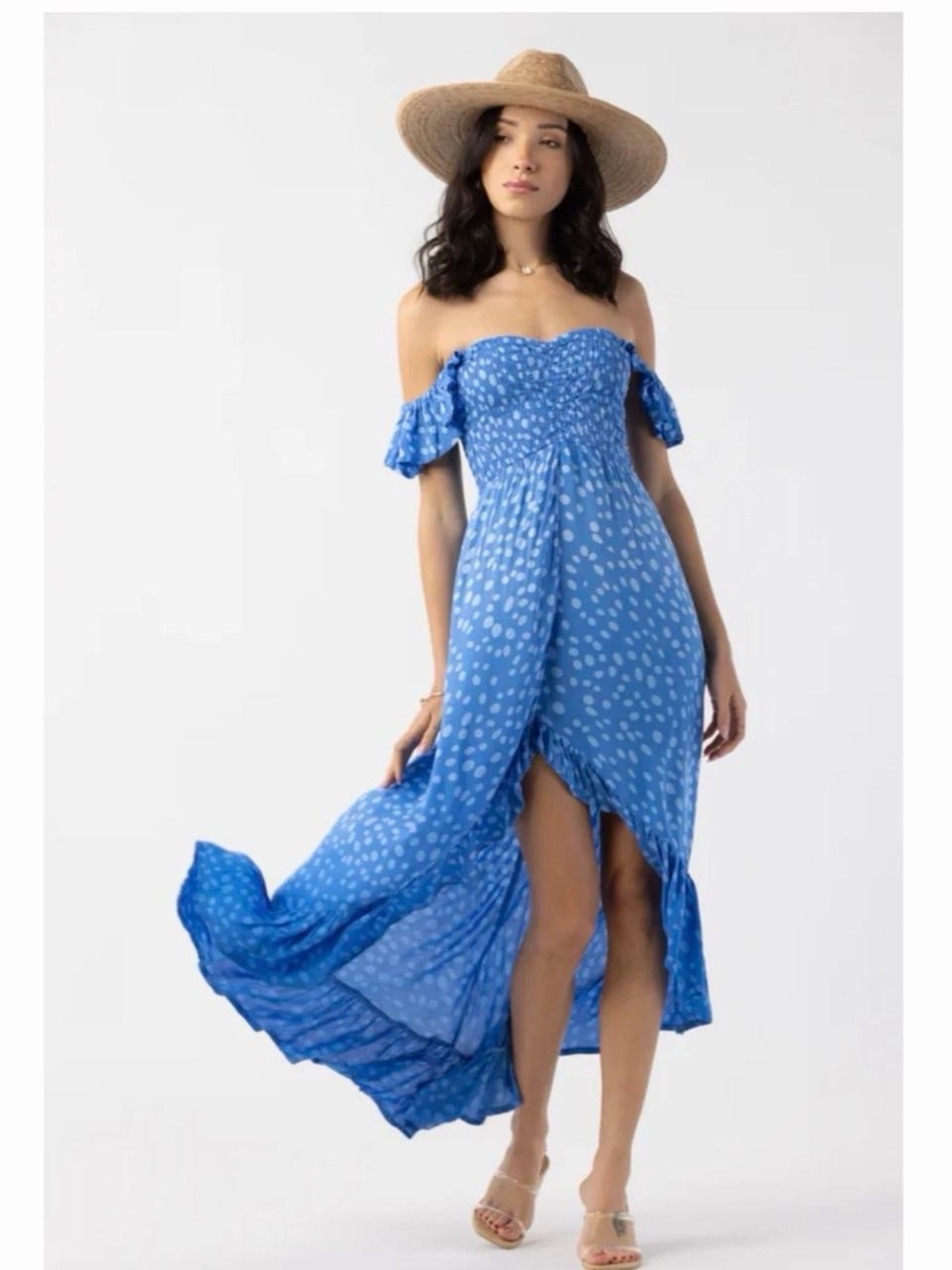 Tiare Hawaii Blue Off-the-Shoulder Maxi Dress with Spot Print
